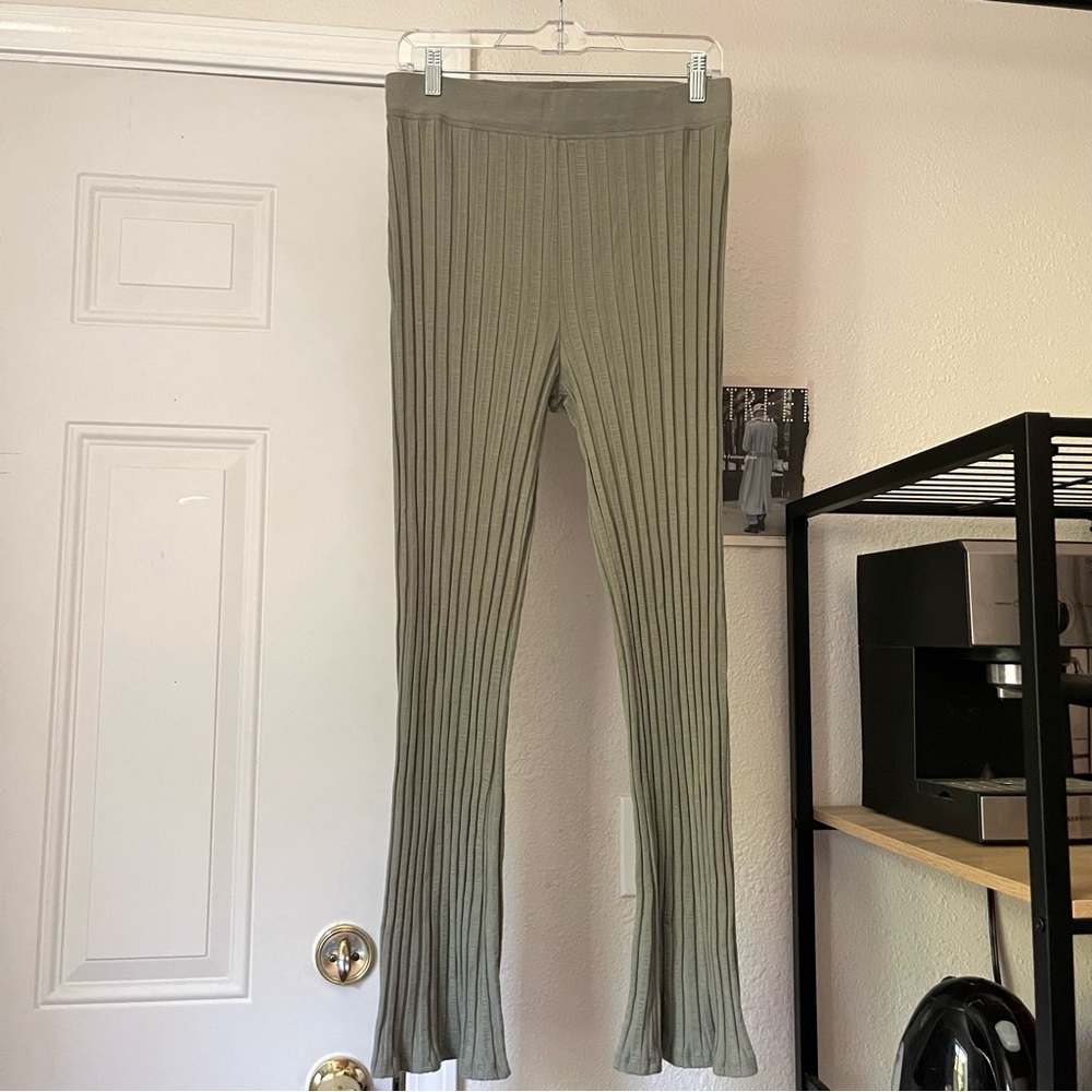 JONATHAN SIMKHAI olive sage‎ green tencel spandex rib knit boot cut pants